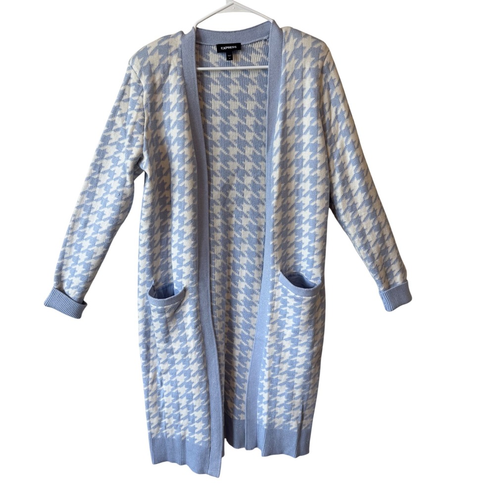 Express Womens Cardigan M Blue Houndstooth Metallic Open Front Longline Sweater